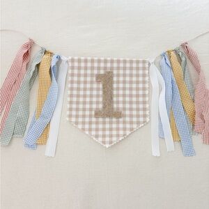 Neutral Gingham "1" Birthday Banner with Multicolor Tassels